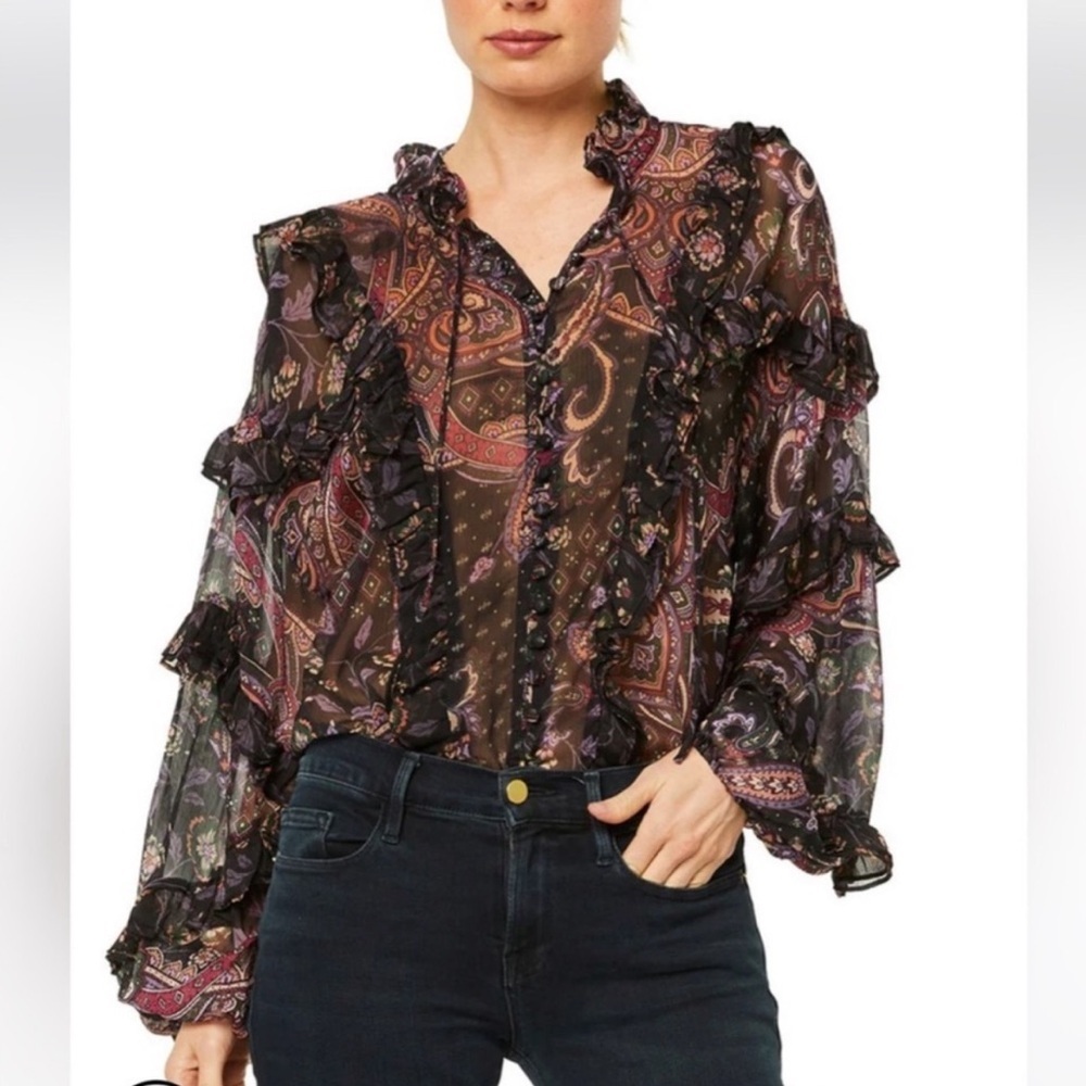 MISA Los Angeles Frida Chiffon Blouse XS NWT Paisley Ruffle Boho Sheer Top